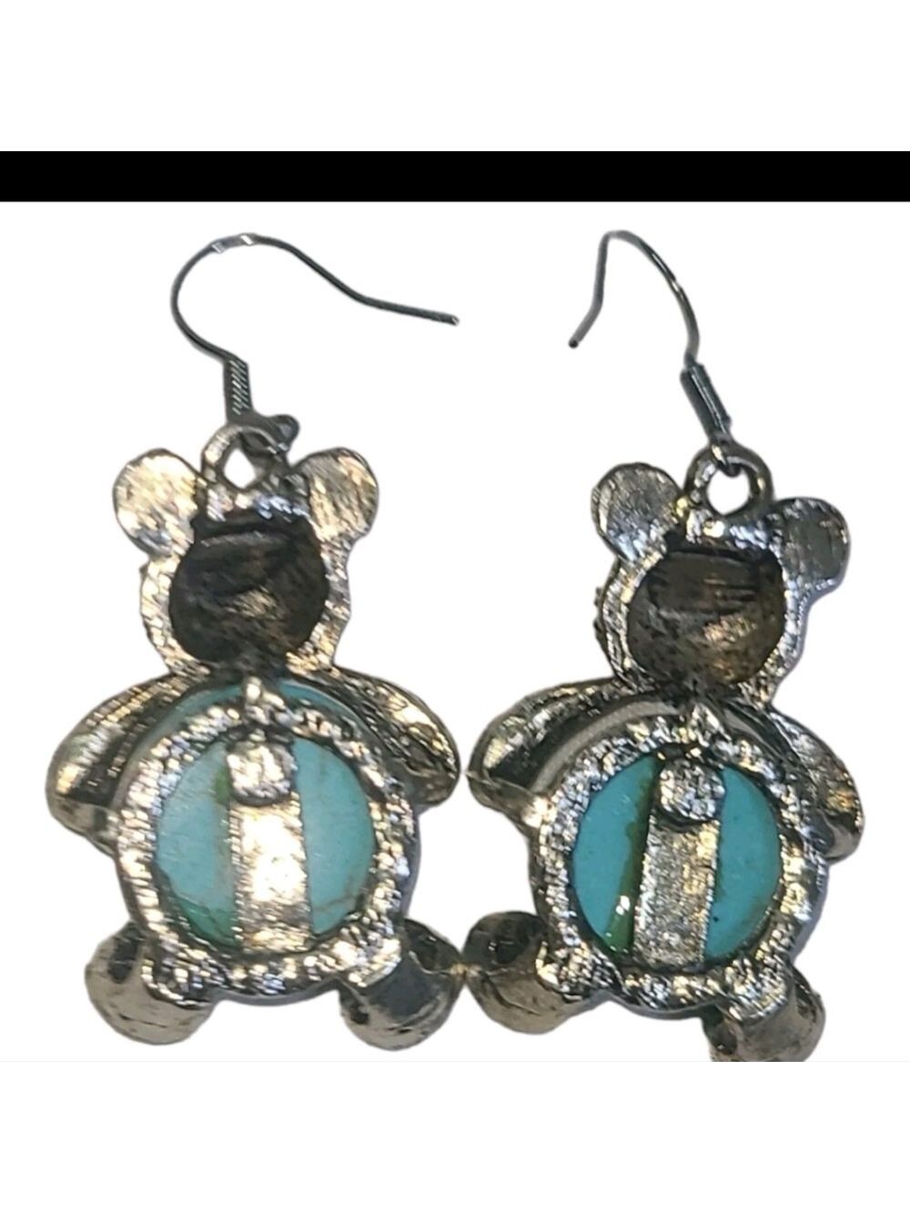 Turquoise & Silver Tone Teddy Bear Dangle Earrings - Picture 5 of 5